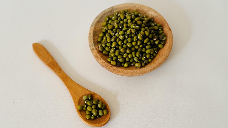 Canned mung beans in a wooden bowl and spoon