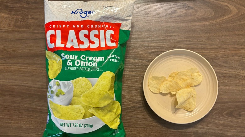 Kroger Sour Cream and Onion Potato Chips bag and chips on plate