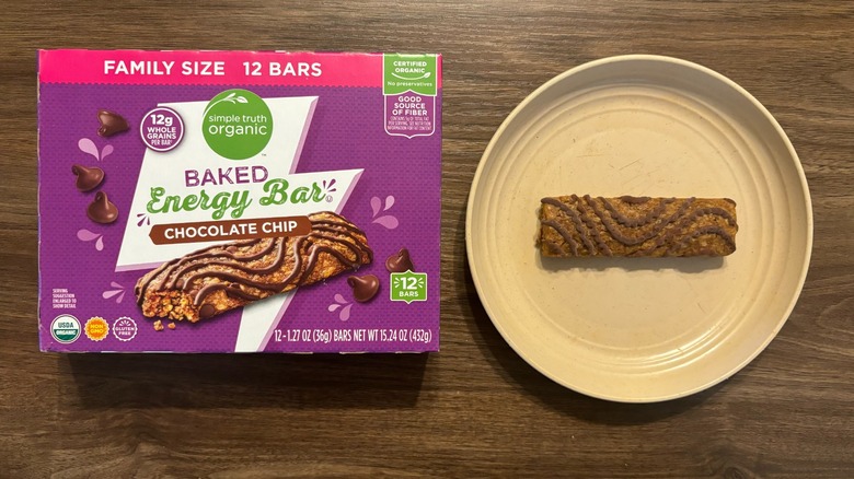 Kroger Simple Truth Organic Chocolate Chip Baked Energy Bar box and energy bar on a plate