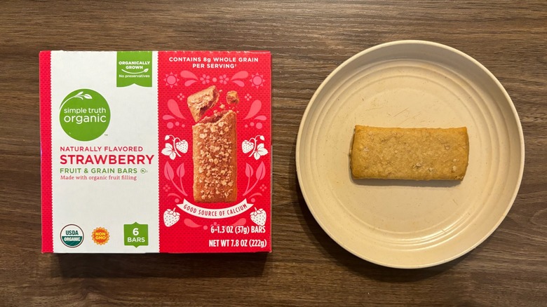 Simple Truth Organic Strawberry Breakfast Bars box and breakfast bar on plate