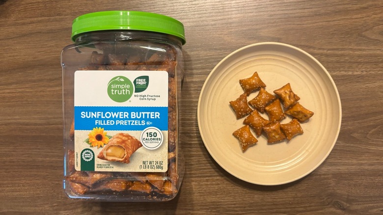 Simple Truth Sunflower Butter Filled Pretzels jar and pretzels on plate
