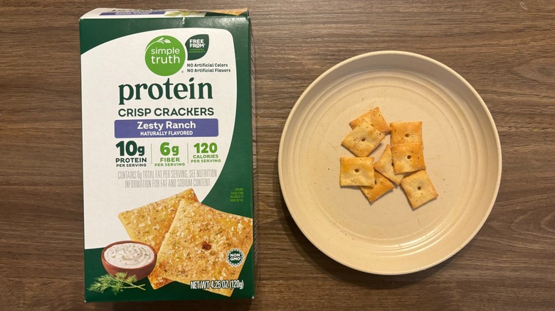 Kroger Simple Truth Protein Zesty Ranch Crisp Crackers box with crackers on a plate