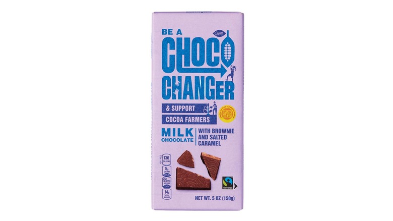 A milk chocolate Choco Changer chocolate bar from Aldi in its purple and blue packaging