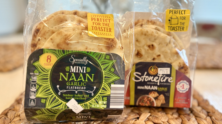 Aldi Specially Selected mini naan garlic flatbread next to the brand name Stonefire