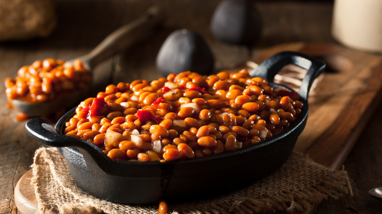 Baked beans in a cast iron skillet