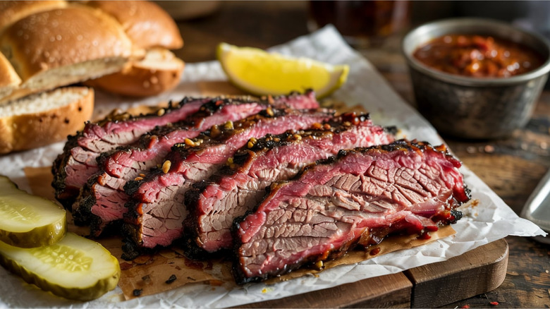 Slices of brisket with bread and pickles