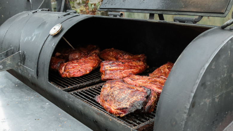 Large smoker with meat inside