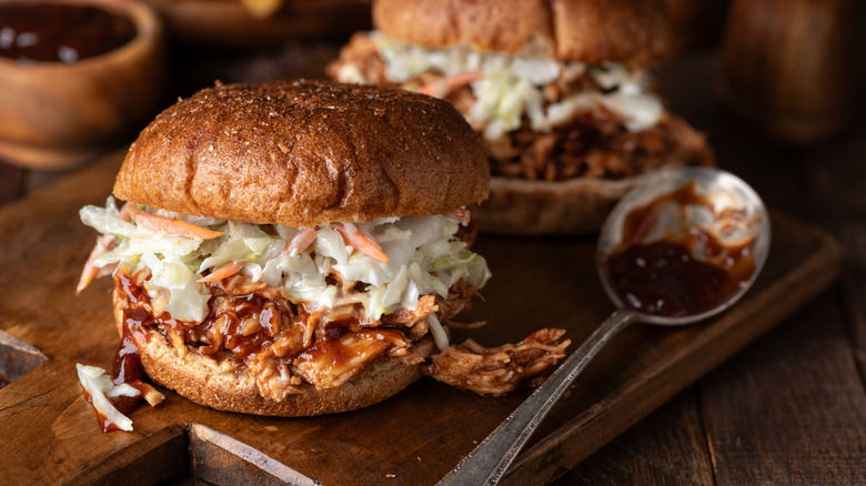 Coleslaw on a barbecue pulled pork sandwich