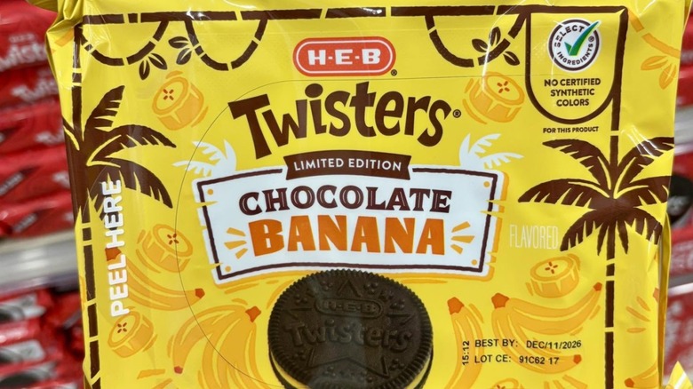 package of H-E-B Brand limited edition Chocolate Banana Twisters cookies