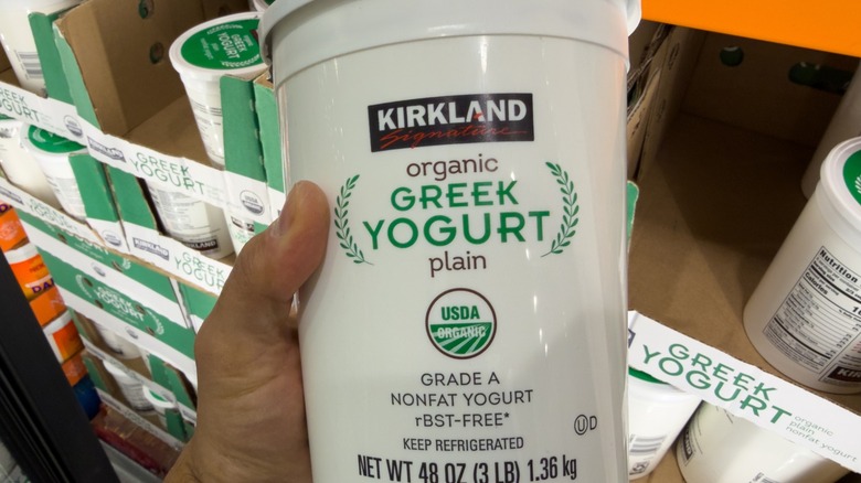 Kirkland Signature Organic Plain Nonfat Grade A Greek Yogurt in large 48 oz white plastic tub being held by hand at Costco Wholesale retail warehouse