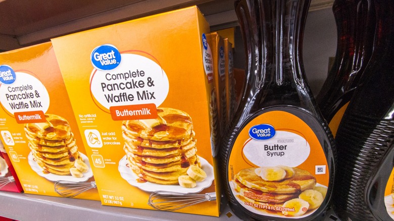 Great Value Pancake Mix And Syrup Breakfast Meal Products Ready To Cook Displayed On Grocery Store Shelf at Walmart