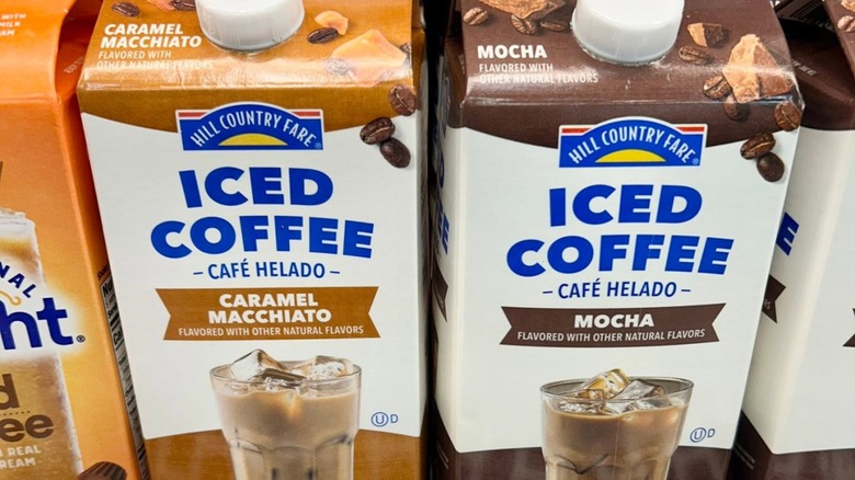 Hill  Country Fare, a private label of HEB, package of Mocha and Caramel Macchiato flavored Iced Coffees