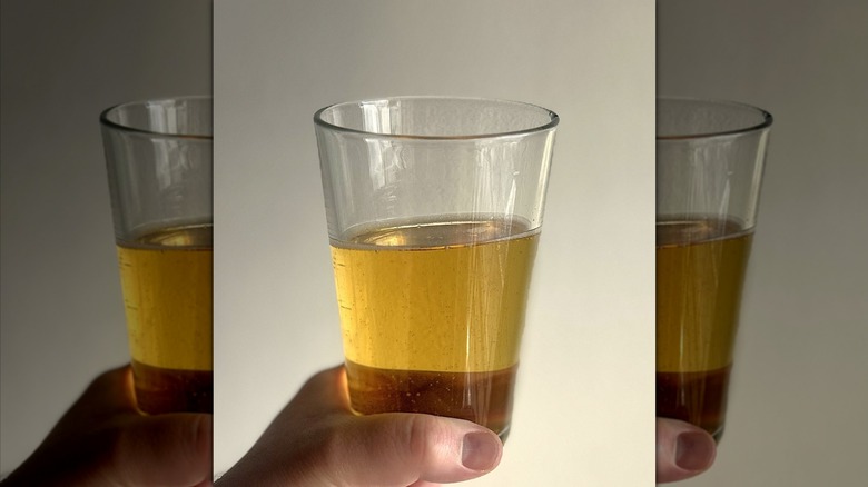 A glass of light beer in hand against white background, mirrored