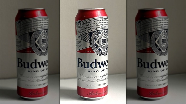 Tall can of Budweiser on a white background on table, mirrored