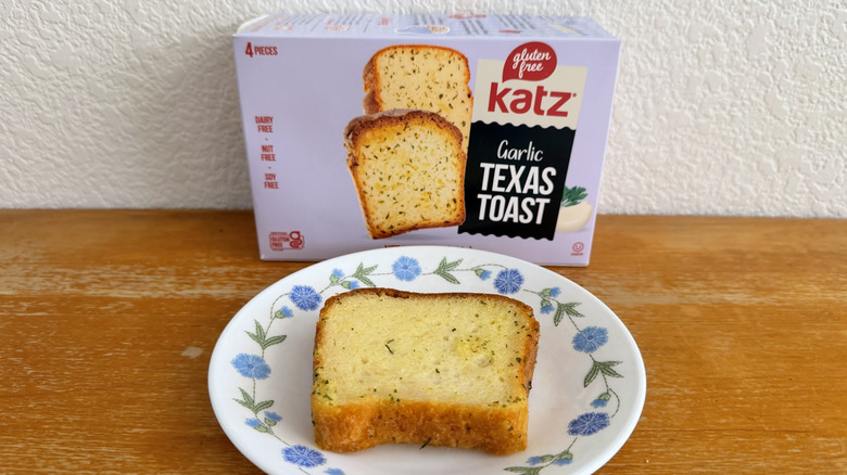 Katz Texas toast slice on a small plate in front of its box