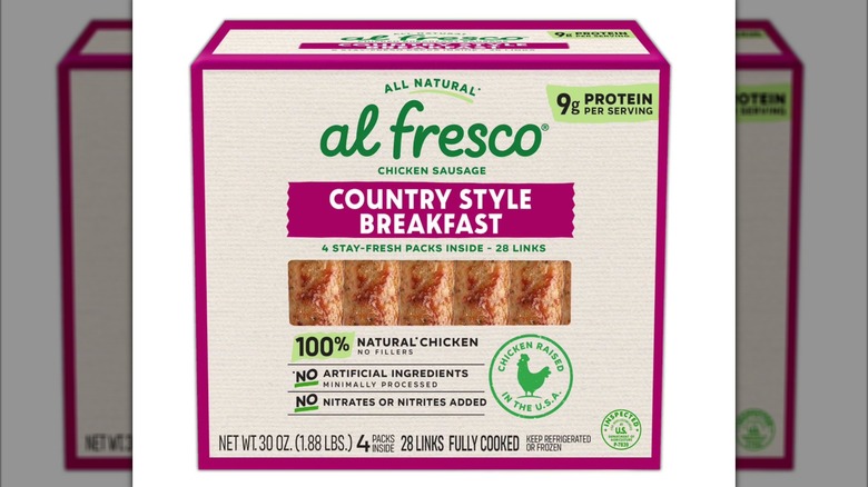 Box of Al Fresco Country Style Breakfast Chicken Sausage from Sam's Club on white background