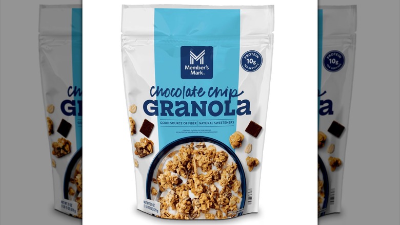 A bag of the Member's Mark Chocolate Chip Protein Granola sold at Sam's Club on a white background