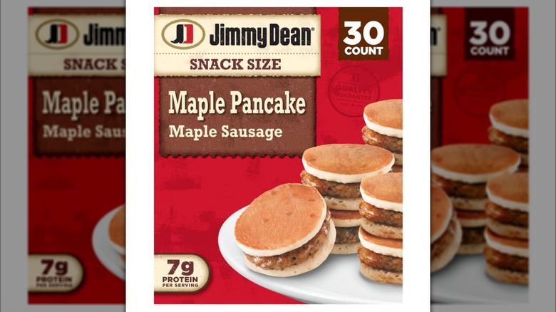 A box of the Jimmy Dean Maple Sausage Pancake Sandwiches sold at Sam's Club on a white background