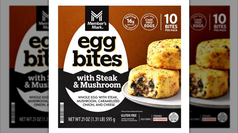 A box of the Member's Mark Steak and Mushroom Egg Bites sold at Sam's Club on a white background
