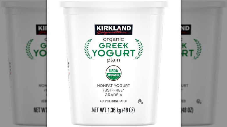 large white tub of Kirkland greek yogurt