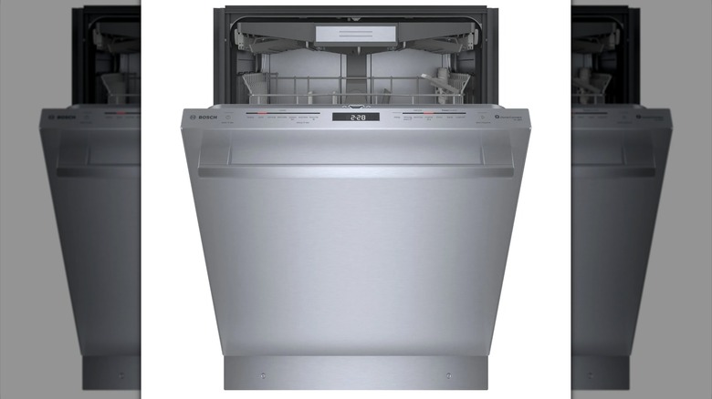 Front view of a Bosch 800 Series Top Control Dishwasher, opened against a white background