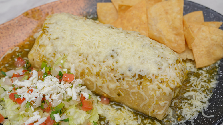 Wet burrito on plate with salad and chips
