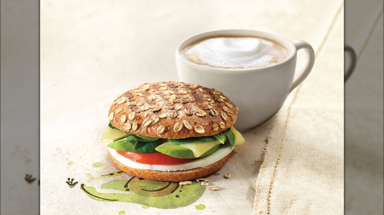 Breakfast sandwich made using bagel flat, with coffee