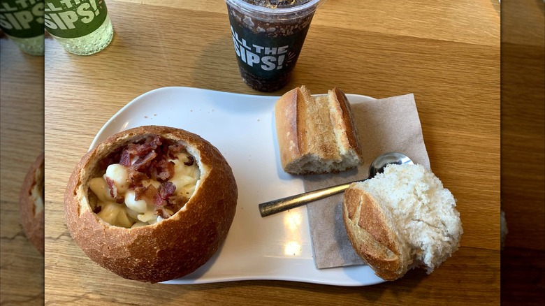 Panera bread bowl filled with macaroni and cheese