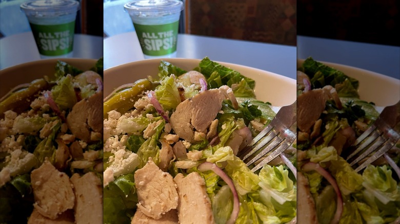 Panera Greek salad with chicken and cup