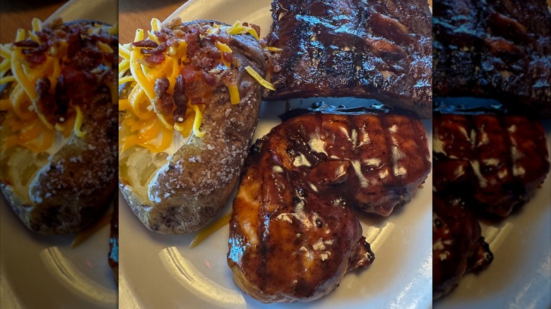Barbecue chicken with ribs and baked potato