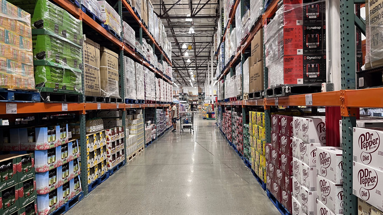 Costco aisle with multiple drink options on shelves