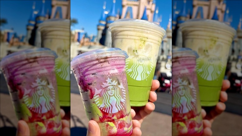 A person holds an Iced Double Berry Matcha drink from Starbucks alongside another Starbucks drink in front of the Disney Cinderella Castle.