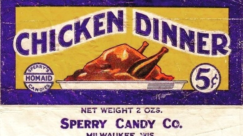 A wrapper for Chicken Dinner Candy Bar.