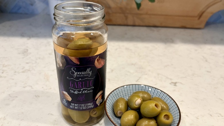 Aldi Specially Selected garlic stuffed olives out of the jar