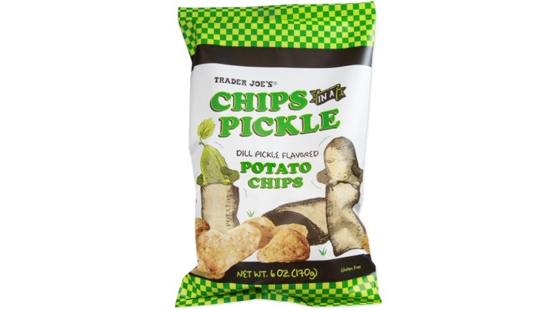 Bag of Trader Joe's Chips in a Pickle on white background