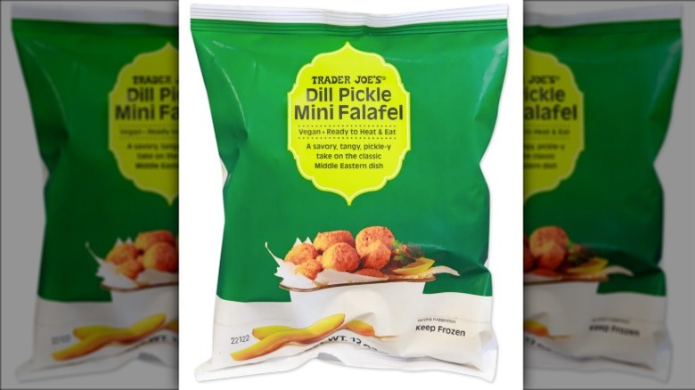 Bag of Trader Joe's Dill Pickle Mini Falafel on white background