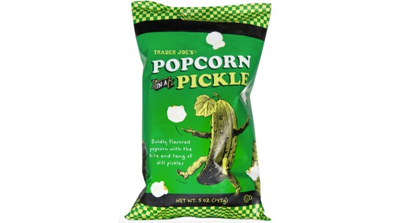 Bag of Trader Joe's Popcorn in a Pickle on a white background.