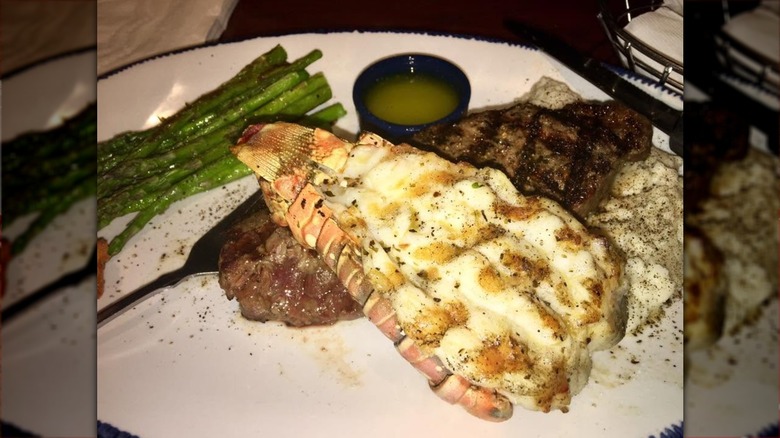 Steak and lobster tail on a plate from Red Lobster