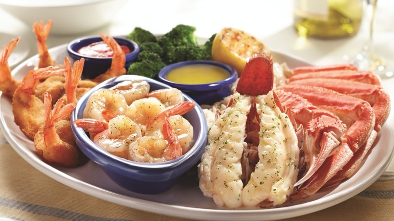 A Red Lobster feast laid out on a table.