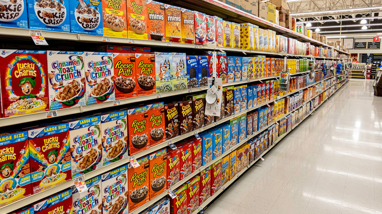 Breakfast aisle in a grocery store, stocked with cereals