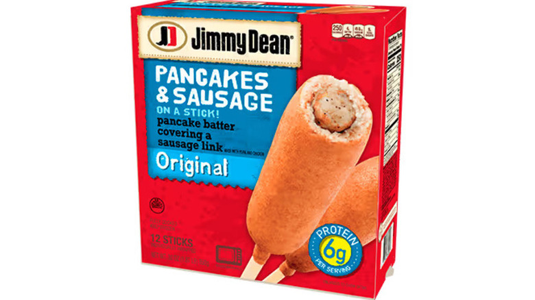 Box of Jimmy Dean pancakes and sausage on a stick, white background