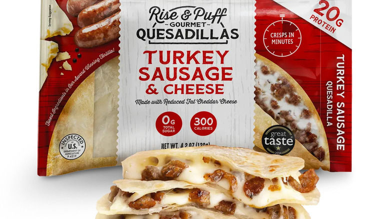 Rise & Puff quesadilla box and fresh quesadillas on white background