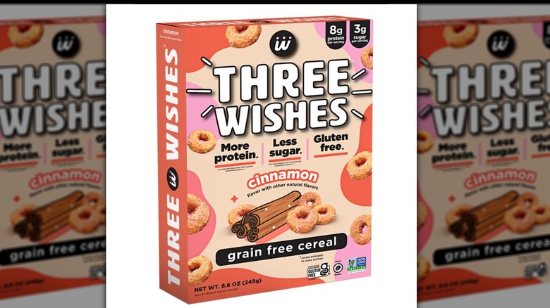 Three Wishes cinnamon cereal on a white background