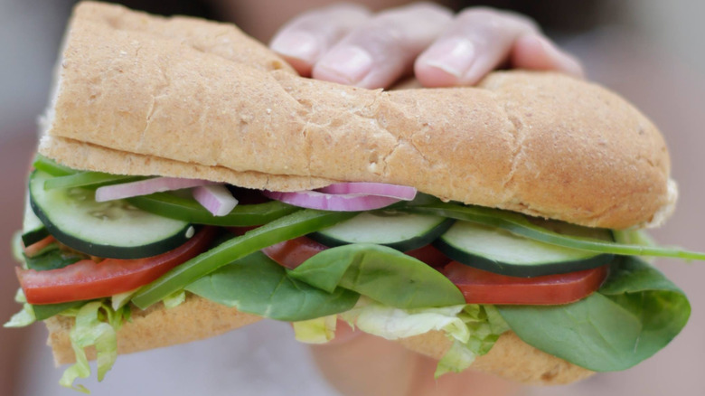 Hand holding a Subway Veggie Delight sandwich