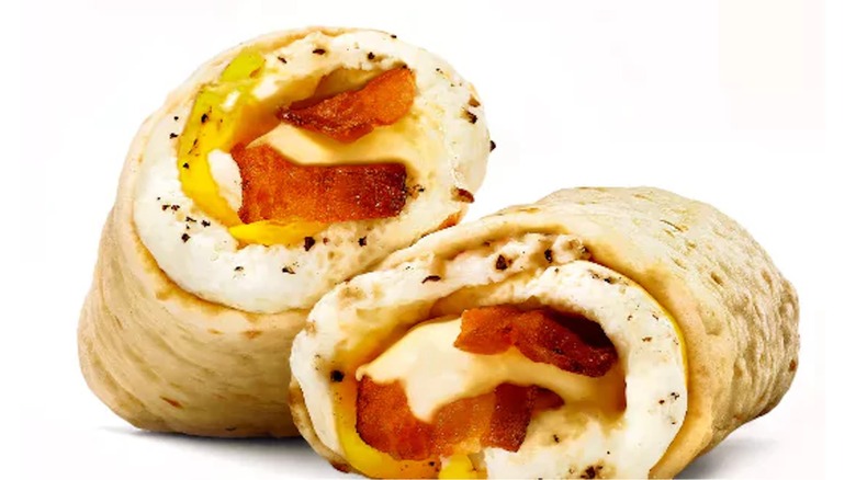 Subway Bacon Egg and Cheese Wrap on whtie backdrop