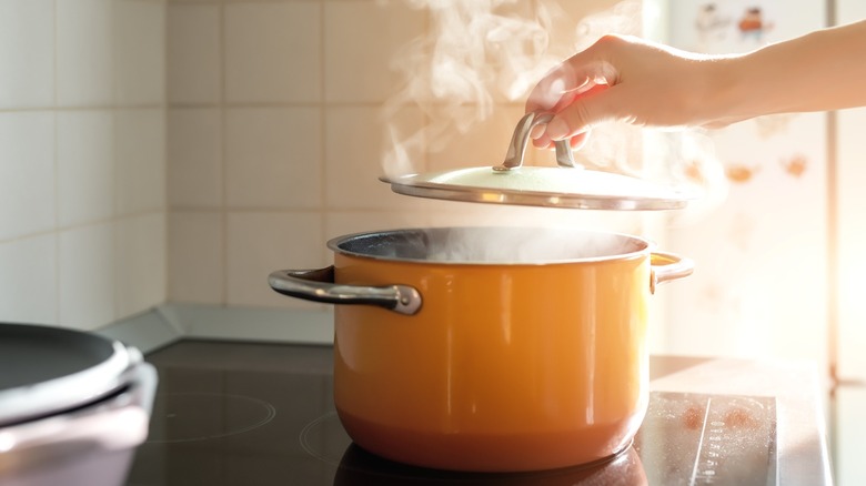 A hand lifting an orange pot's lid with steam coming out