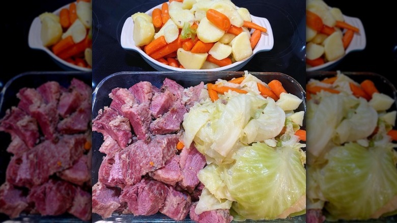 A traditional boiled dinner with potatoes, carrots, and corned beef.