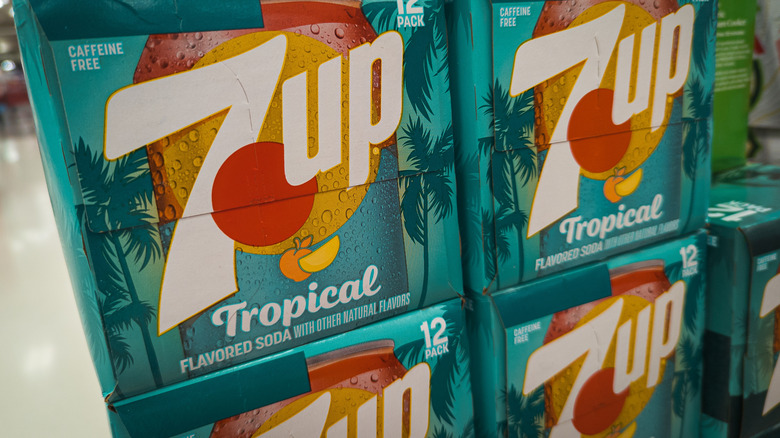 Stacked cases of 7Up Tropical Soda