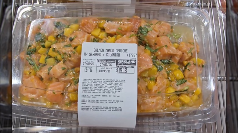 Plastic container of Salmon Mango Ceviche with Serrano and Cilantro from Costco