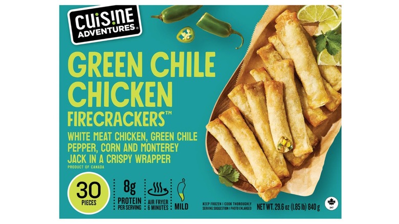 Box of Cuisine Adventures Mini Green Chile Chicken Firecrackers from Costco on white background